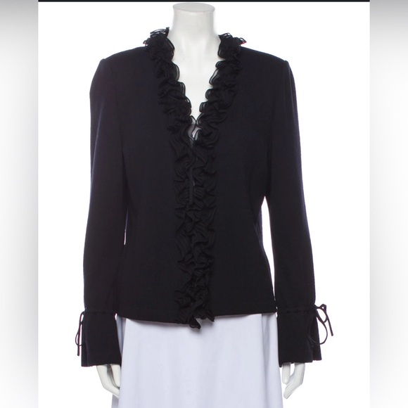 ST. JOHN Evening Black Ruffle Open Jacket. Tres Chic! Size 12.